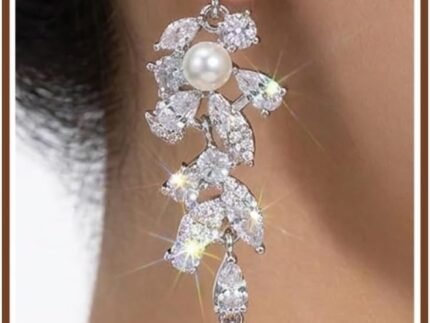 Pearl Earrings for Women Dangle, CZ Drop Earrings, 14K Gold Plated Floral Dangle Earrings, Hypoallergenic Lightweight Bridal Wedding Earrings, Elegant Jewelry Gift for Women