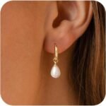 Pearl Earrings for Women Trendy, 14k Gold Plated Freshwater CZ Pearl Dangle Drop Gold Earrings Lightweight Hypoallergenic Stud Earring Bridesmaid Wedding Gold Jewelry for Women