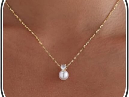 Pearl Necklaces for Women 14k Gold Plated Dainty Pearl Diamond Pendant Necklace Wedding Jewelry Bridal Bridesmaid Gifts for Women