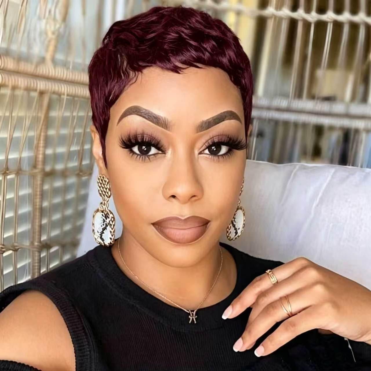 Pixie Cut Wigs for Black Women Brazilian Virgin Human Hair 99J Burgunday Color Short Layered Pixie Wigs With Bangs Glueless Full Machine Made Wig Pixie Cut Wigs for Black Women Brazilian Virgin Human Hair 99J Burgunday Color Short Layered Pixie Wigs With Bangs Glueless Full Machine Made Wig