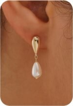 Plenky Pearl Earrings-14K Gold Plated Dainty Pearl Drop Simple Wedding CZ Dangle Dangling Cute Stud Earrings for Brides Earrings for Women Gifts
