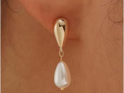 Plenky Pearl Earrings-14K Gold Plated Dainty Pearl Drop Simple Wedding CZ Dangle Dangling Cute Stud Earrings for Brides Earrings for Women Gifts