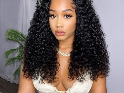 Punmasa Deep Wave Headband Wig Human Hair 18 Inches Glueless None Lace Front Wigs Machine Made 150% Density Half Wigs Natural Color Human Hair wigs for Women