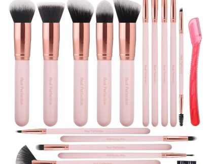 Real Perfection Makeup Brush Set 16 Pcs with 1 Eyebrow Razor Premium Synthetic Foundation Powder Concealers Eyeshadow Blush Makeup Brushes Make up Brushes Kit (Pink)
