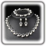Rrdaily Rhinestone Pearl Wedding Jewelry Set for Bride Bridesmaid Bohemia Adjustable Beaded Crystal Bracelet Necklace Exaggerated Pearl Earring Set for Women
