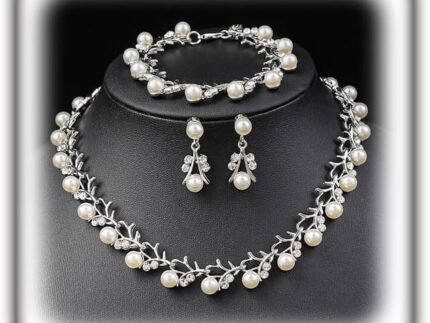 Rrdaily Rhinestone Pearl Wedding Jewelry Set for Bride Bridesmaid Bohemia Adjustable Beaded Crystal Bracelet Necklace Exaggerated Pearl Earring Set for Women