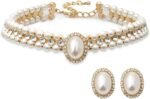 S SUSANN Costume Layered Twisted Gold Pearl Necklace Choker Chunky Glass Statement Pearl Necklace and Earring set, good gift for women Faux pearl necklace set