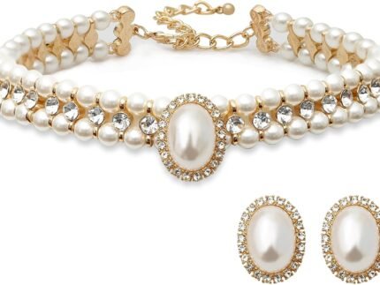 S SUSANN Costume Layered Twisted Gold Pearl Necklace Choker Chunky Glass Statement Pearl Necklace and Earring set, good gift for women Faux pearl necklace set