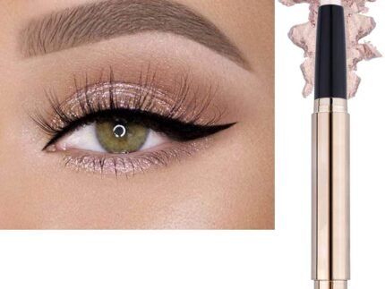 SAUBZEAN Light Gold Eyeshadow Stick Makeup, Waterproof Hypoallergenic Long Lasting Crayon, Glitter Primer Palette Shimmer Eyeliner Pen with Soft Brush