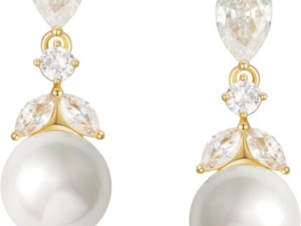 SWEETV Cubic Zirconia Pearl Drop Wedding Earrings for Brides, Ivory Bridal Pearl Earrings for Bridesmaid Jewelry Gift