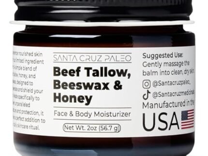 Santa Cruz Paleo, Beef Tallow, Beeswax & Honey Face Moisturizer, Organic, Unscented Grassfed Beef Tallow Skin Care, Sunscreen Free, Non Comedogenic Face & Body Moisturizer for Sensitive Skin, 2 Oz