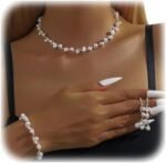 Silver Rhinestone Pearl Necklace, Earrings & Bracelet Set for Women – Wedding, Party, Beach – Vintage Style – 3 Pcs
