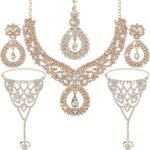 Sureio Indian Jewelry Sets for Women Bollywood Wedding Jewelry Set Choker Necklace Maang Tikka Earrings Rhinestone Bracelet