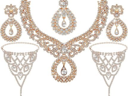 Sureio Indian Jewelry Sets for Women Bollywood Wedding Jewelry Set Choker Necklace Maang Tikka Earrings Rhinestone Bracelet