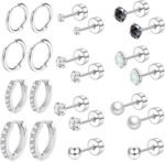 Surgical Steel Flat Back Earrings Set for Multiple Piercing Sensitive Ears,Sterling Silver Hypoallergenic Small Cartilage Huggie Hoop Earrings Titanium Tiny CZ Pearl Opal Stud Earrings for Women