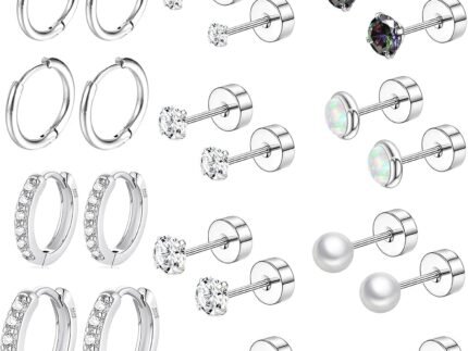 Surgical Steel Flat Back Earrings Set for Multiple Piercing Sensitive Ears,Sterling Silver Hypoallergenic Small Cartilage Huggie Hoop Earrings Titanium Tiny CZ Pearl Opal Stud Earrings for Women