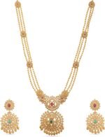 TARINIKA Antique Gold Plated Indian Long Necklace Set for Women with Jhumka, Dangle, Drop Earring Brass Traditional Wedding Desi Jewelry CZ Gemstone Bridal Necklace (Binal Antique)