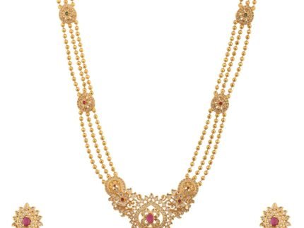 TARINIKA Antique Gold Plated Indian Long Necklace Set for Women with Jhumka, Dangle, Drop Earring Brass Traditional Wedding Desi Jewelry CZ Gemstone Bridal Necklace (Binal Antique)