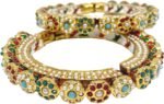 Traditional Indian Rajwadi Bangles Set for Women, Gold-Plated with Pearl, Turquoise and Red Stones for Weddings and Festivals, 2-Piece