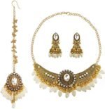 Traditional Maang Tikka with Kundan Necklace Earrings Jewelry Set Ethnic Crystal Jhumka Earring Wedding Jewelry for Women Boho Outfit Pendent Choker Necklace Bridal Party Dance Hair Accessories