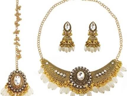 Traditional Maang Tikka with Kundan Necklace Earrings Jewelry Set Ethnic Crystal Jhumka Earring Wedding Jewelry for Women Boho Outfit Pendent Choker Necklace Bridal Party Dance Hair Accessories