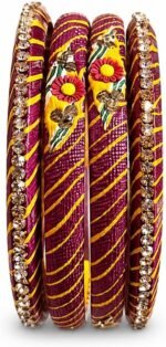 Traditional Rajasthani Lac Bangle Set for Women – Jaipuri Lahariya Lakh Chuda with Diamond Studded Design, Gold Crystal Embellished Ethnic Bangles, Handmade Indian Bridal Jewelry (Set of 4).