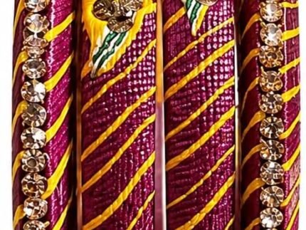 Traditional Rajasthani Lac Bangle Set for Women – Jaipuri Lahariya Lakh Chuda with Diamond Studded Design, Gold Crystal Embellished Ethnic Bangles, Handmade Indian Bridal Jewelry (Set of 4).