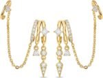 Triple Huggie Stacked Earrings for Women Gold Chain Drop Dangle Earrings Cute Statement CZ Earrings Trendy Dainty Jewelry Gift