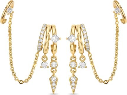 Triple Huggie Stacked Earrings for Women Gold Chain Drop Dangle Earrings Cute Statement CZ Earrings Trendy Dainty Jewelry Gift