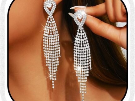 Unicra Long Tassel Rhinestone Earrings Silver Diamond Dangle Earrings Jewelry Sets Crystal Bridal Wedding Earrings Accessories for Women and Brides