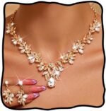 Unicra Rhinestone Bridal Wedding Jewelry Sets Gold Necklace Earrings Set Leaf Prom Formal Costume Jewelry Set for Women and Brides