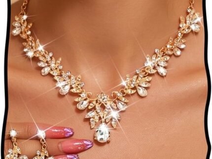 Unicra Rhinestone Bridal Wedding Jewelry Sets Gold Necklace Earrings Set Leaf Prom Formal Costume Jewelry Set for Women and Brides