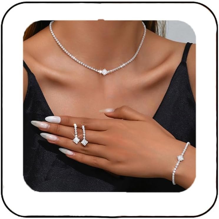 Unicra Silver Bridal Wedding Jewelry Set Sparkly Rhinestone Necklace Earrings Bracelet Sets Formal Costume Jewelry for Women and Brides Unicra Silver Bridal Wedding Jewelry Set Sparkly Rhinestone Necklace Earrings Bracelet Sets Formal Costume Jewelry for Women and Brides