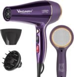 VAGARY Hair Dryer with Diffuser Concentrator, 2200W Professional Salon Ionic Blow Dryer for Frizz Free Smooth Hair, Featuring 2 Speeds and 2 Heat Settings, Cool Shot Button（Purple）