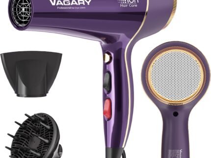 VAGARY Hair Dryer with Diffuser Concentrator, 2200W Professional Salon Ionic Blow Dryer for Frizz Free Smooth Hair, Featuring 2 Speeds and 2 Heat Settings, Cool Shot Button（Purple）