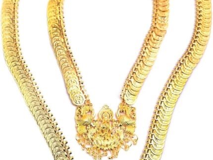 VAMA FASHIONS Traditional South Indian Goddess Laxmi Haar Temple Jewellery Mahalakshmi kasulaperu Lakshmi Necklace Set for Women (lakshmi necklace set)