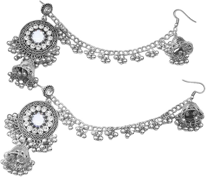 Vintage Jhumka Indian Earrings for Women Boho Crystal Bollywood Chandelier Drop Tassel Beaded Dangle with Hair Chain Ethnic Traditional Wedding Jewelry Jhumki Diwali Festival Vintage Jhumka Indian Earrings for Women Boho Crystal Bollywood Chandelier Drop Tassel Beaded Dangle with Hair Chain Ethnic Traditional Wedding Jewelry Jhumki Diwali Festival