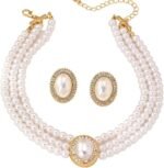 Vintage Pearl Choker Necklace and Earrings Jewelry Set for Women, 14K Gold Plated Multi-Layered Pearl Choker with Oval Crystal Pendant, Elegant Wedding Bridal Jewelry Set for Party Prom Daily Wear