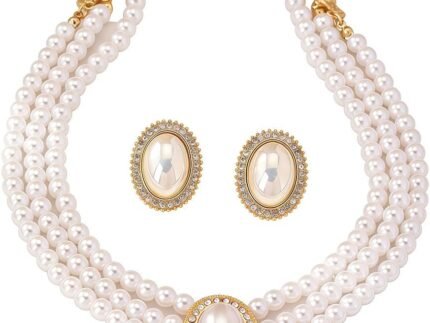 Vintage Pearl Choker Necklace and Earrings Jewelry Set for Women, 14K Gold Plated Multi-Layered Pearl Choker with Oval Crystal Pendant, Elegant Wedding Bridal Jewelry Set for Party Prom Daily Wear