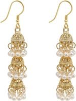 Vintage Triple Jhumki Bell Simulated Pearl Long Tassel Dangle Earrings for Women Delicate Personalized Bohemia Indian Chandelier Hook Large Statemen Dangling Traditional Jewelry