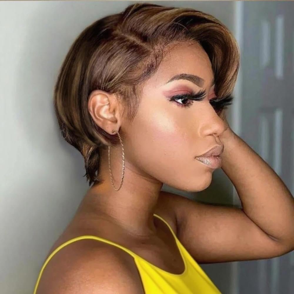 WBTH Highlight Blonde Pixie Cut Wig Human Hair 5X5 HD WBTH Highlight Blonde Pixie Cut Wig Human Hair 5X5 HD Lace Straight Wear and Go Glueless Wigs Human Hair Pre Plucked Pre Cut Short Pixie Cut Wigs for Black Women (4/27# Color)