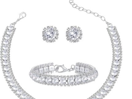 Women Rhinestone Crystal Cubic Zirconia Jewelry Set Crystal Tennis Design Rhinestone Cubic Zirconia Choker Necklace Link Bracelet Stud Earrings Set Wedding Bridal Bridesmaids Party