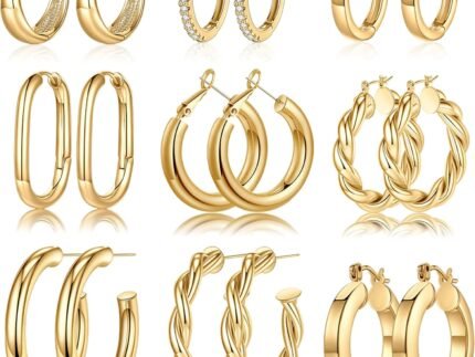 Yesteel 9 Pairs Gold Hoop Earrings for Women, 14K Real Gold Plated Chunky Hoop Earrings Set for Women Hypoallergenic Thick Lightweight Earring for Womens Jewelry Gifts