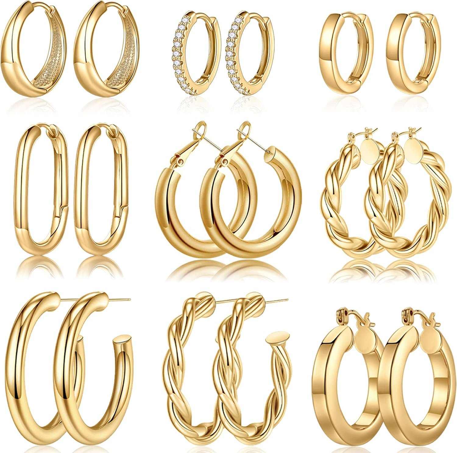 Yesteel 9 Pairs Gold Hoop Earrings for Women, 14K Real Gold Plated Chunky Hoop Earrings Set for Women Hypoallergenic Thick Lightweight Earring for Womens Jewelry Gifts Yesteel 9 Pairs Gold Hoop Earrings for Women, 14K Real Gold Plated Chunky Hoop Earrings Set for Women Hypoallergenic Thick Lightweight Earring for Womens Jewelry Gifts