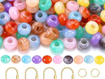 Zkptops 150Pcs Acrylic Large Hole Beads for Keychains 14mm Chunky Beads with Large Holes (5mm) Mixed Color Acrylic Beads for Hair Paracord Jewelry Making DIY Craft with 4Pcs O Rings 4Pcs Keychain Clip